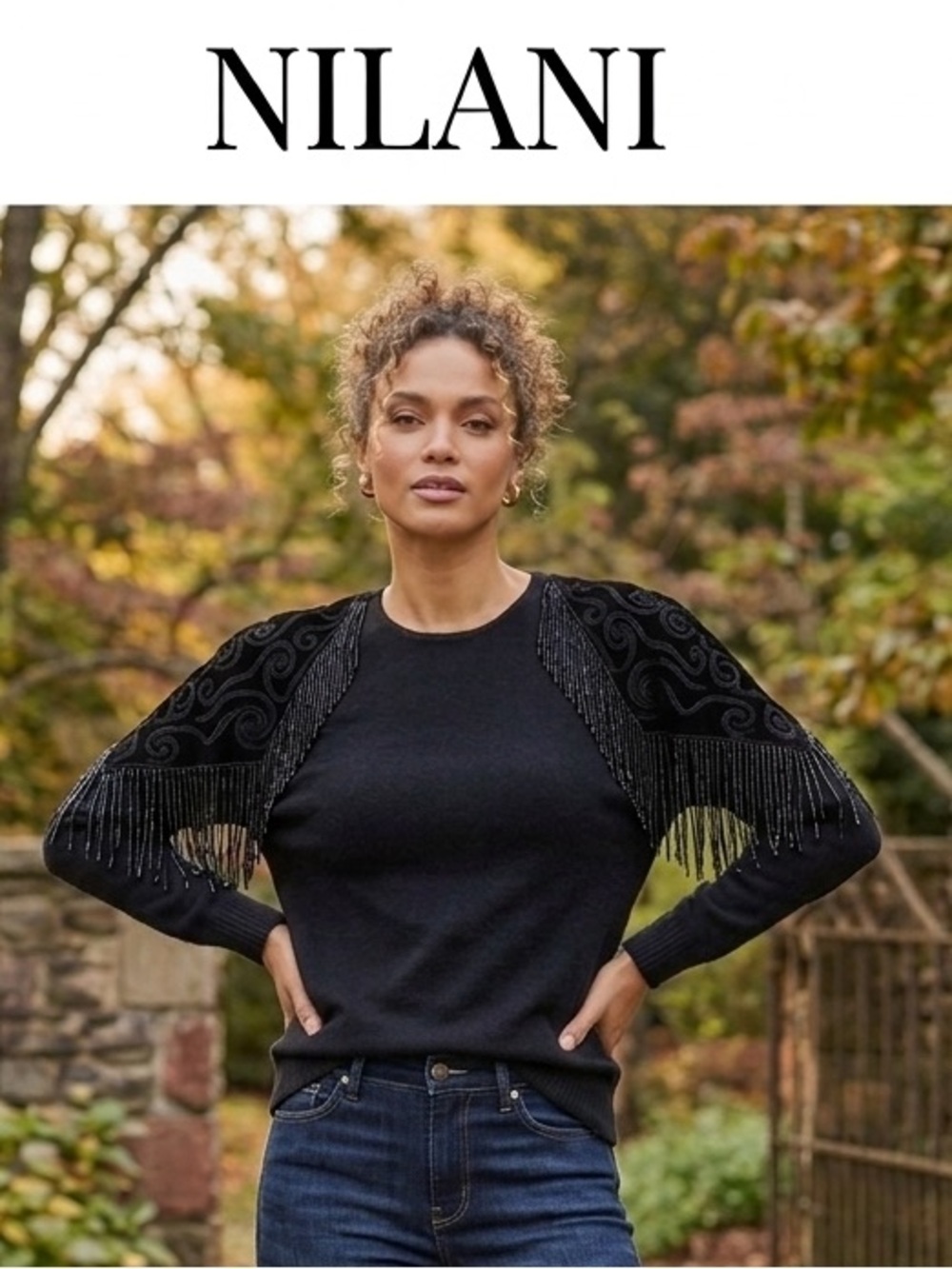 Nilani Black Fringe-Beaded Detail Silk Blend Crewneck Sweater